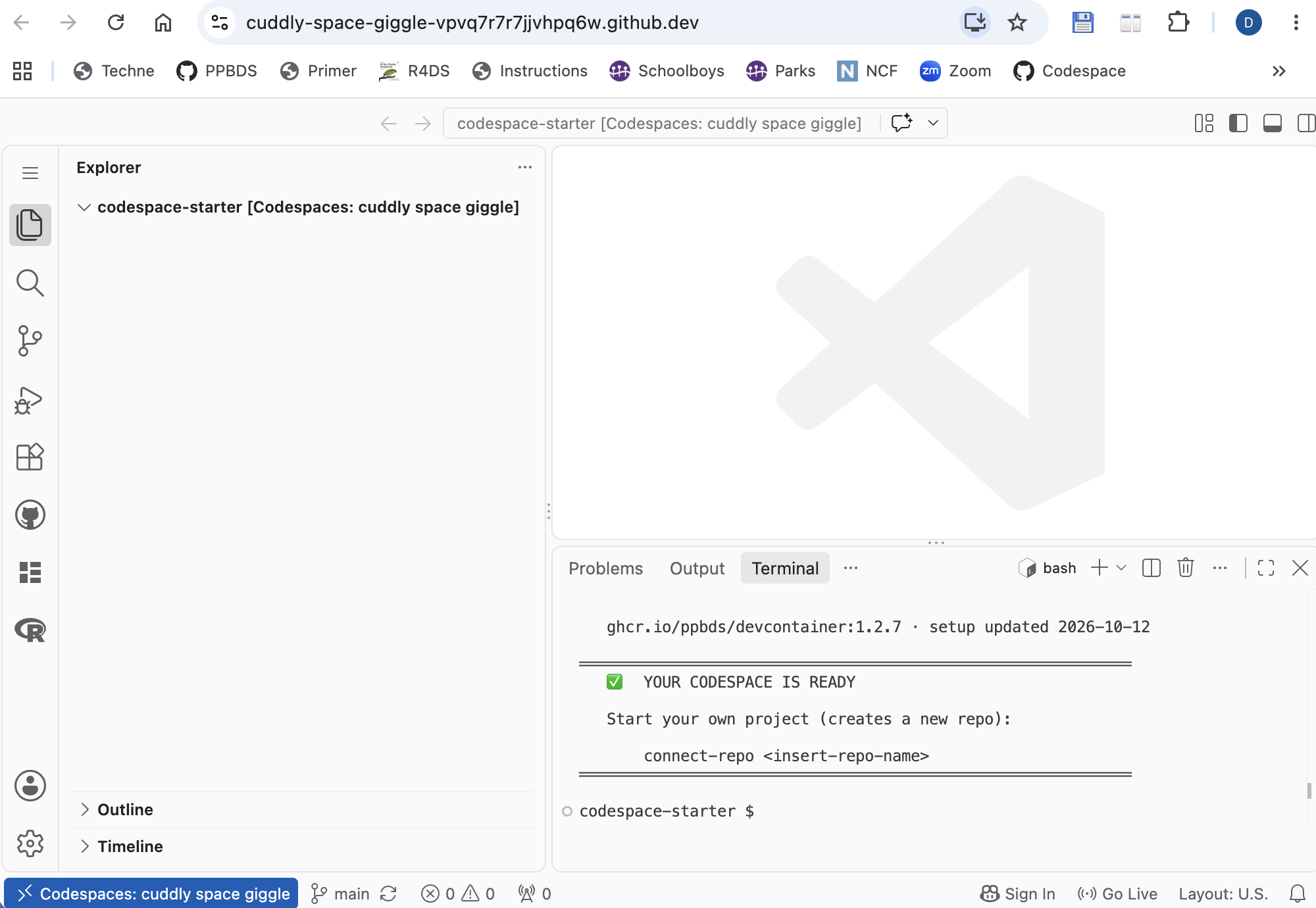 A screenshot of a new Codespace in the browser, with the name 'cuddly space giggle' appearing in the address bar, in the box at the top center of VS Code, at the top of the Explorer panel, and in the blue button at the bottom left.